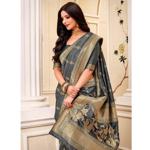 Glowing Grey Colored Festive Wear Woven Banarasi Silk Saree