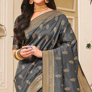 Glowing Grey Colored Festive Wear Woven Banarasi Silk Saree