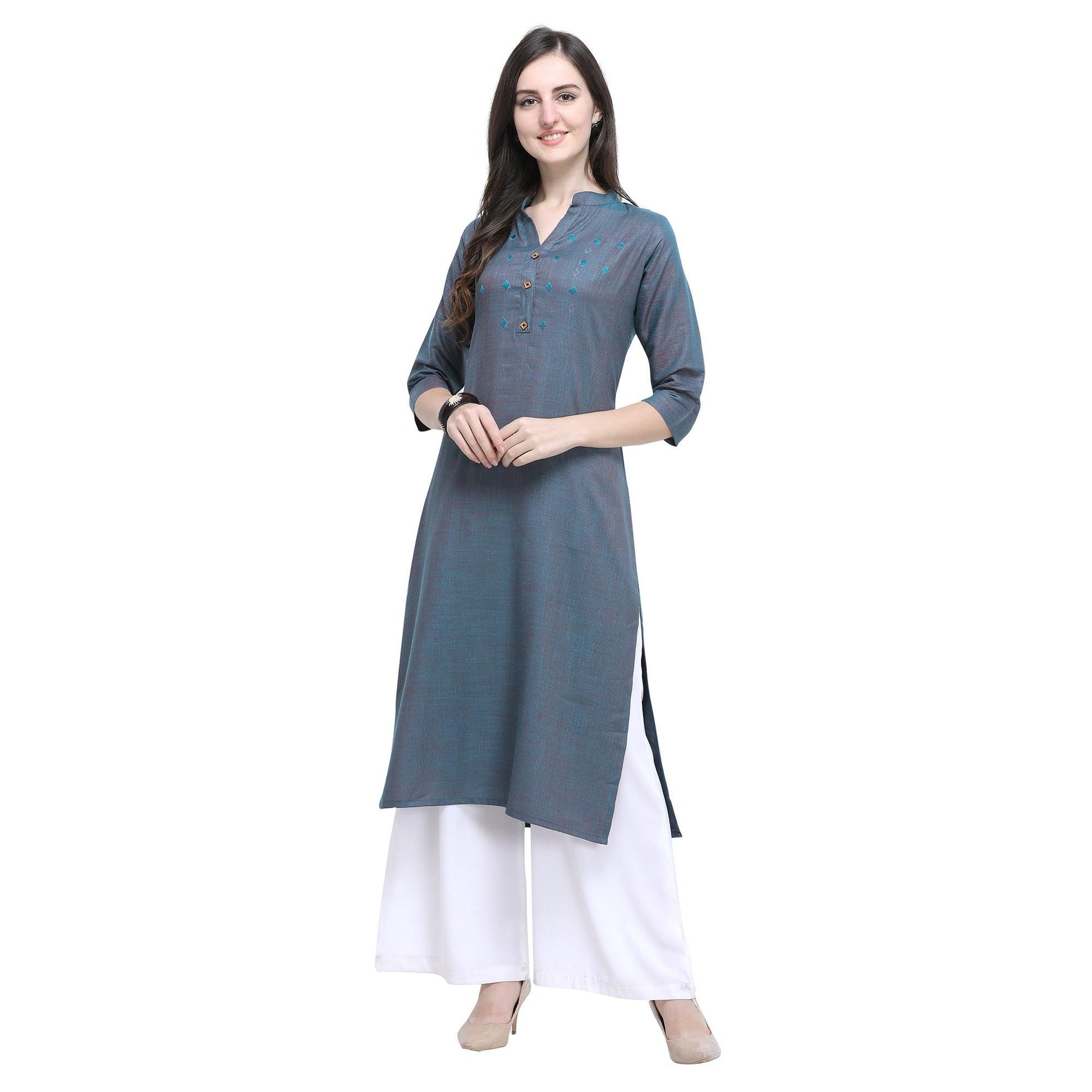 Glowing Greyish Blue Colored Casual Wear Embroidered Rayon Kurti-Palazzo Set
