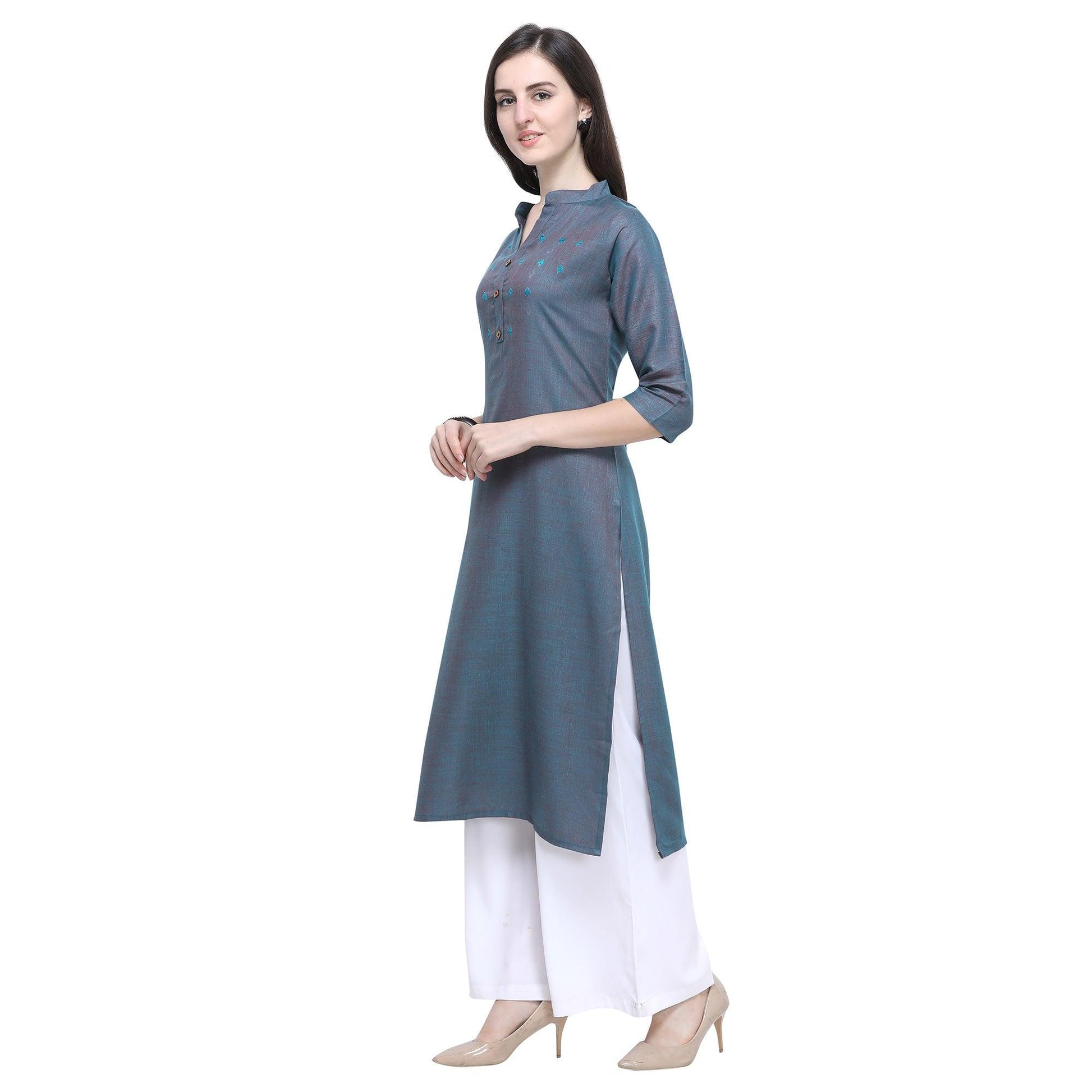 Glowing Greyish Blue Colored Casual Wear Embroidered Rayon Kurti-Palazzo Set