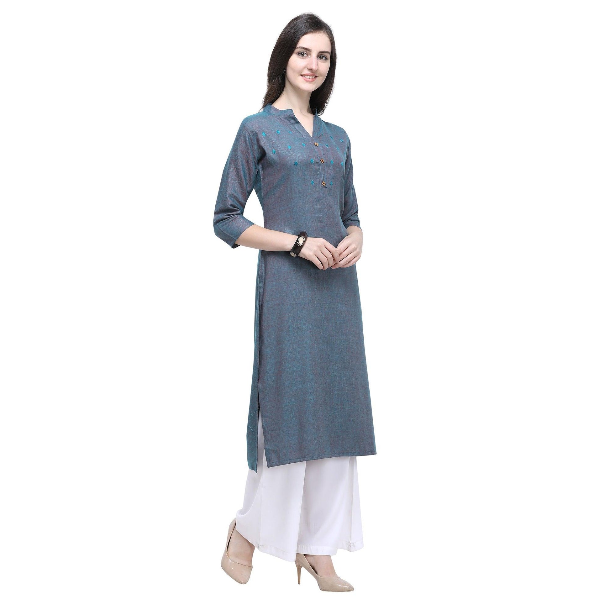 Glowing Greyish Blue Colored Casual Wear Embroidered Rayon Kurti-Palazzo Set