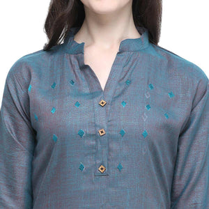 Glowing Greyish Blue Colored Casual Wear Embroidered Rayon Kurti-Palazzo Set