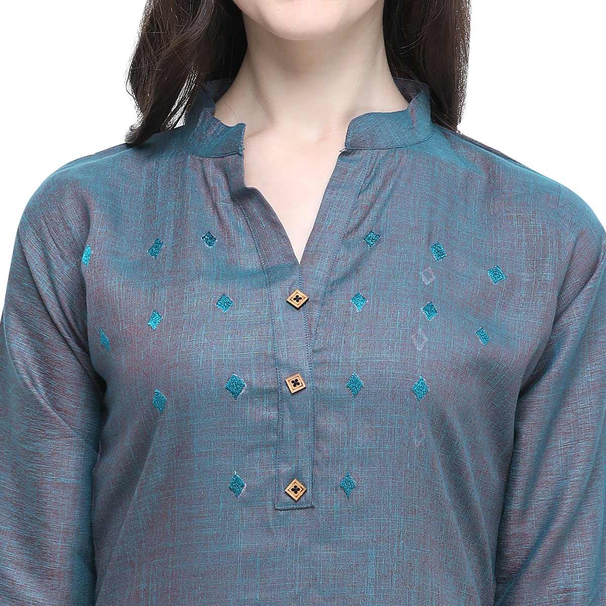 Glowing Greyish Blue Colored Casual Wear Embroidered Rayon Kurti-Palazzo Set