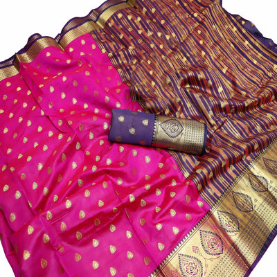 Glowing Hot Pink Colored Festive Wear Woven Litchi Kota Silk Saree