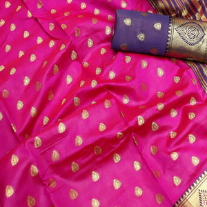 Glowing Hot Pink Colored Festive Wear Woven Litchi Kota Silk Saree