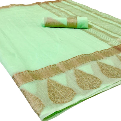 Glowing Light Green Colored Festive Wear Woven Linen Saree