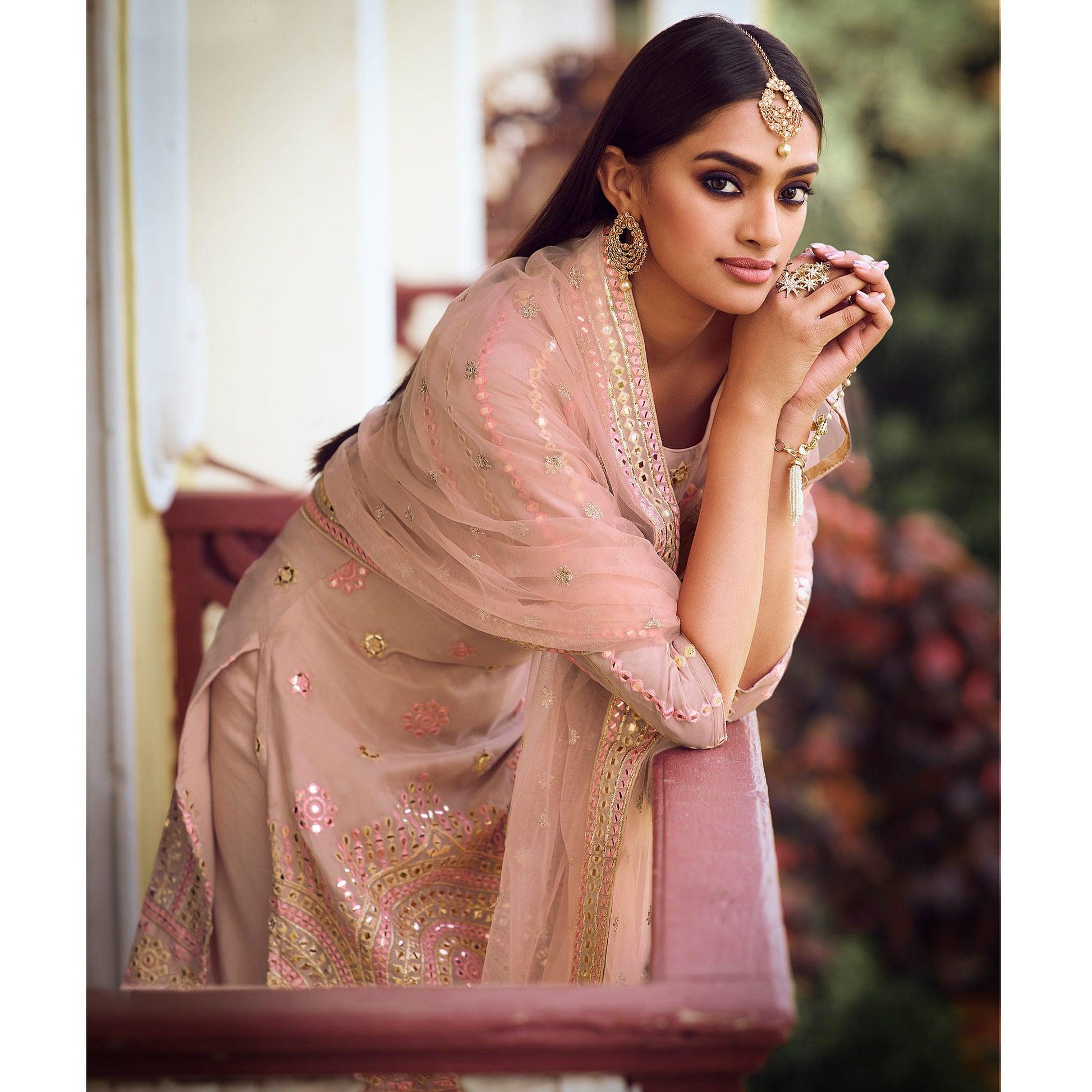 Glowing Light Peach Coloured Partywear Thread Foil Mirror Work Organza Pallazo Suit