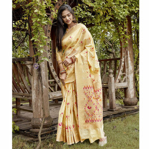 Glowing Light Yellow Colored Festive Wear Woven Silk Saree