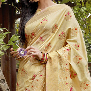 Glowing Light Yellow Colored Festive Wear Woven Silk Saree