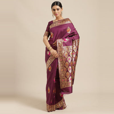 Glowing Magenta Colored Festive Wear Woven Silk Blend Saree