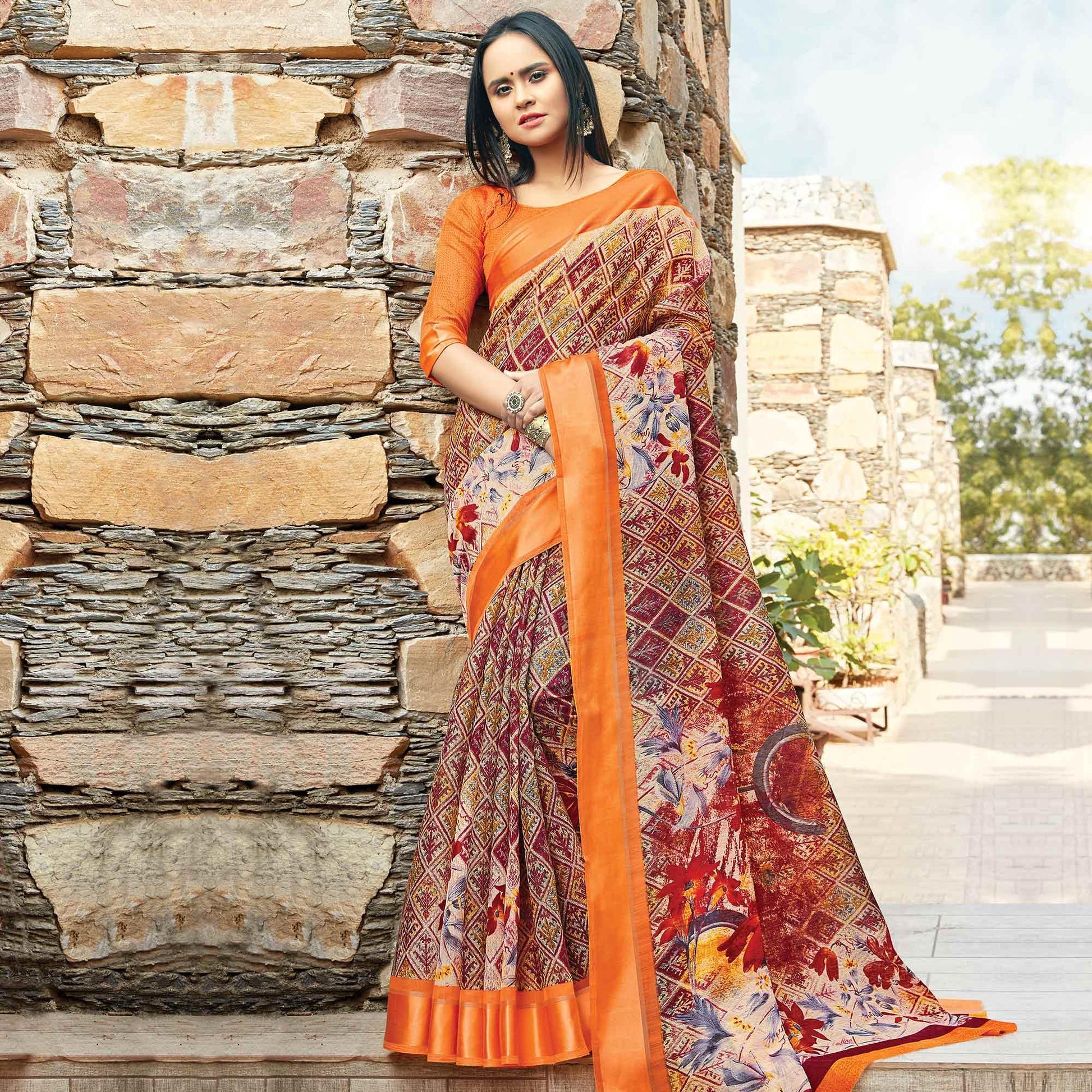 glowing-maroon-colored-casual-wear-printed-cotton-saree-67519