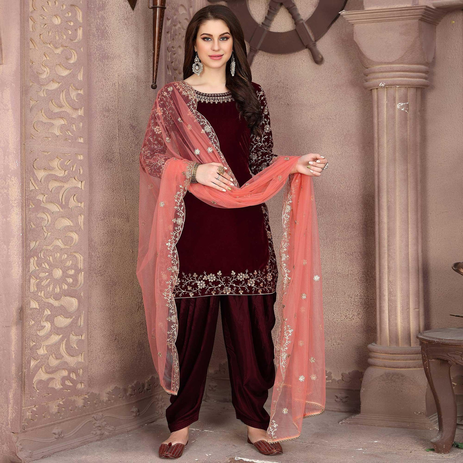 glowing-maroon-colored-partywear-embroidered-velvet-patiala-suit-46041