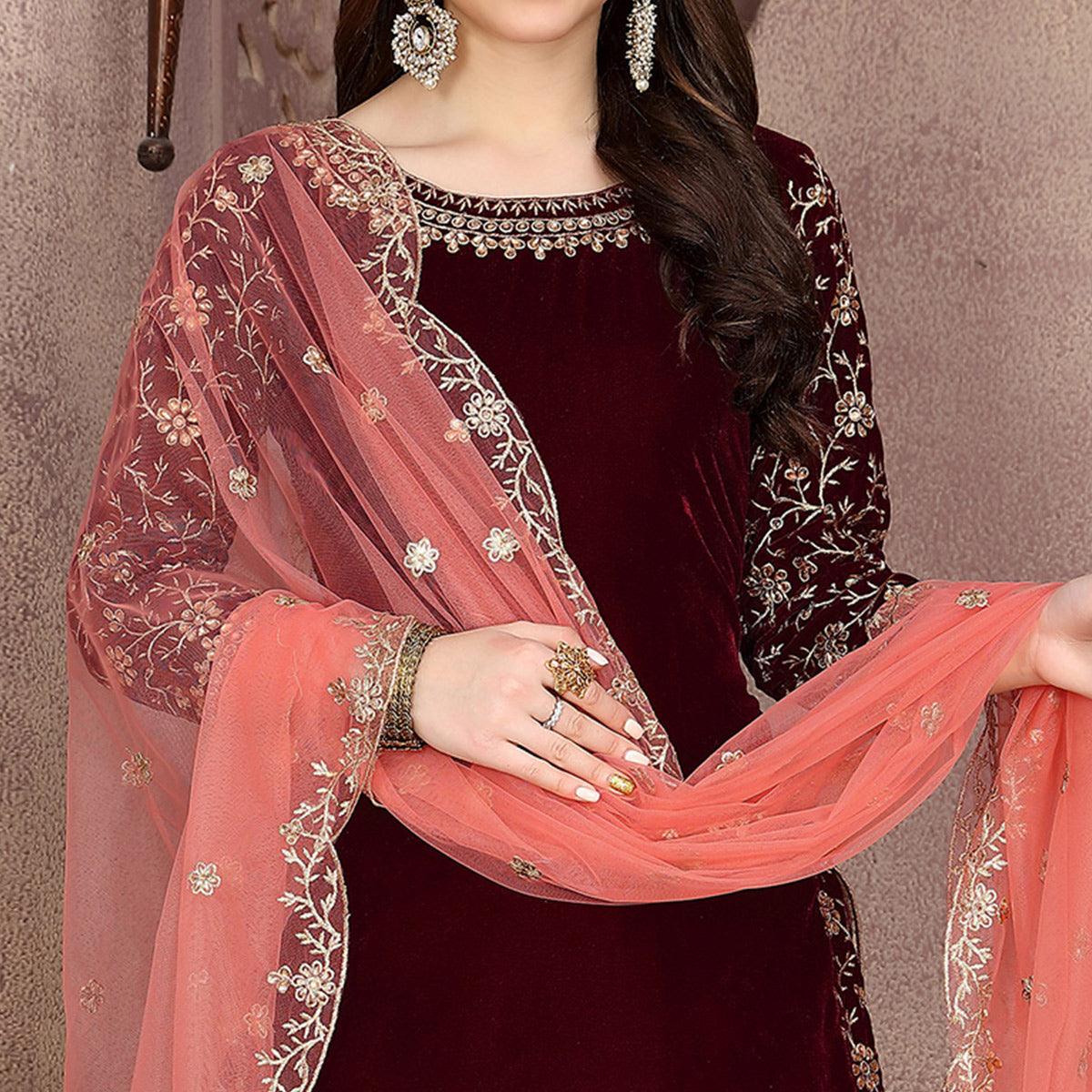 glowing-maroon-colored-partywear-embroidered-velvet-patiala-suit-46041