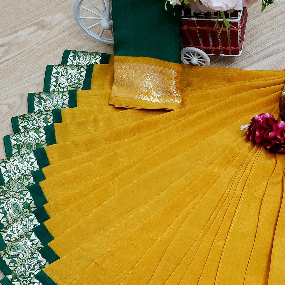 glowing-mustard-colored-festive-wear-woven-soft-vichitra-silk-saree-82395