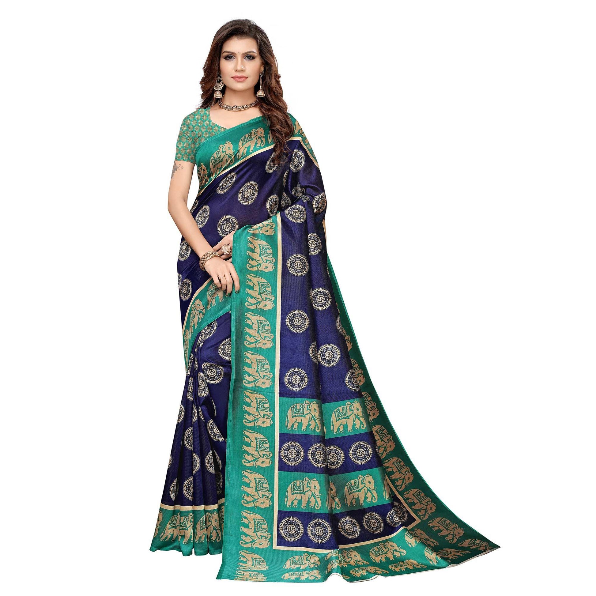 glowing-navy-blue-colored-casual-printed-art-silk-saree