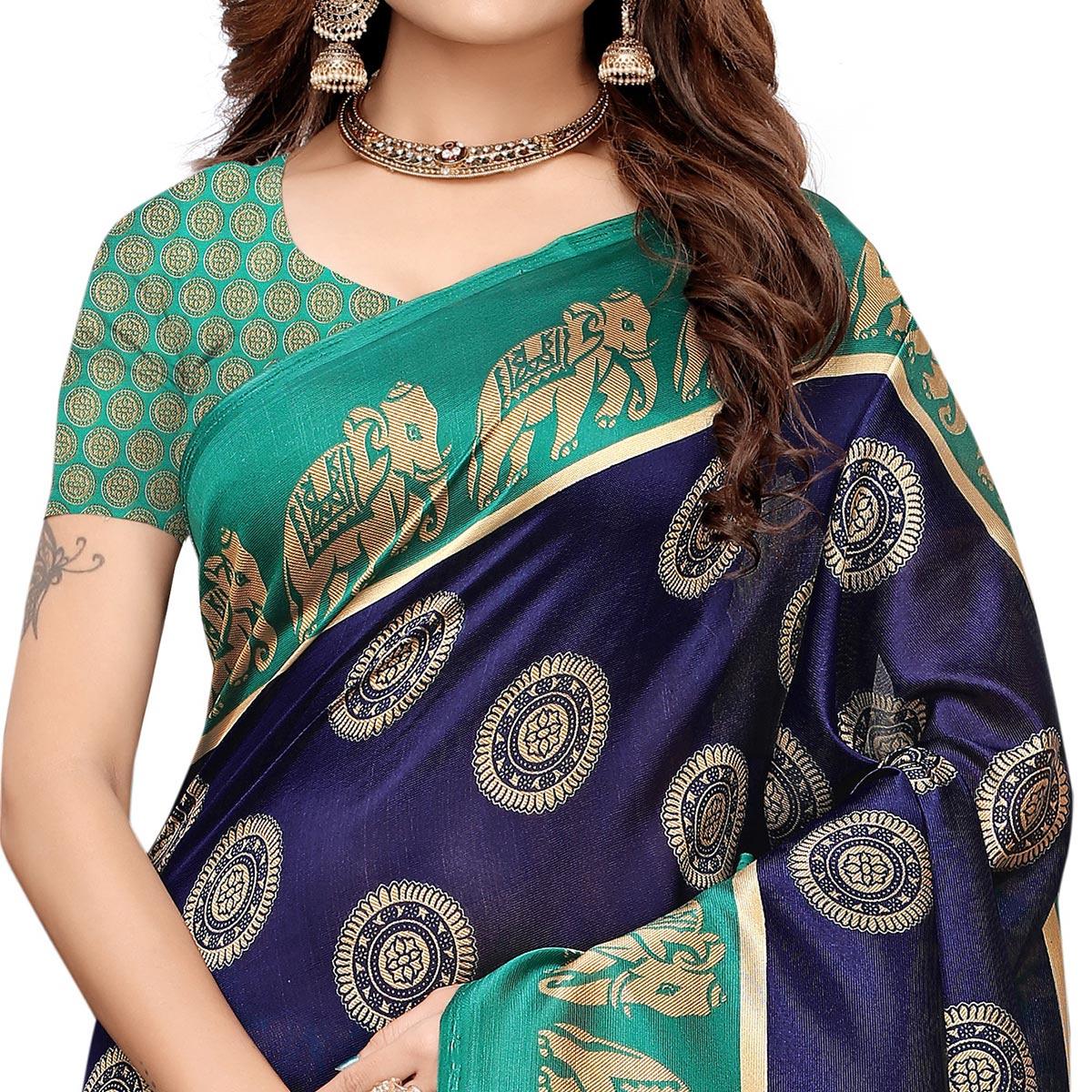glowing-navy-blue-colored-casual-printed-art-silk-saree