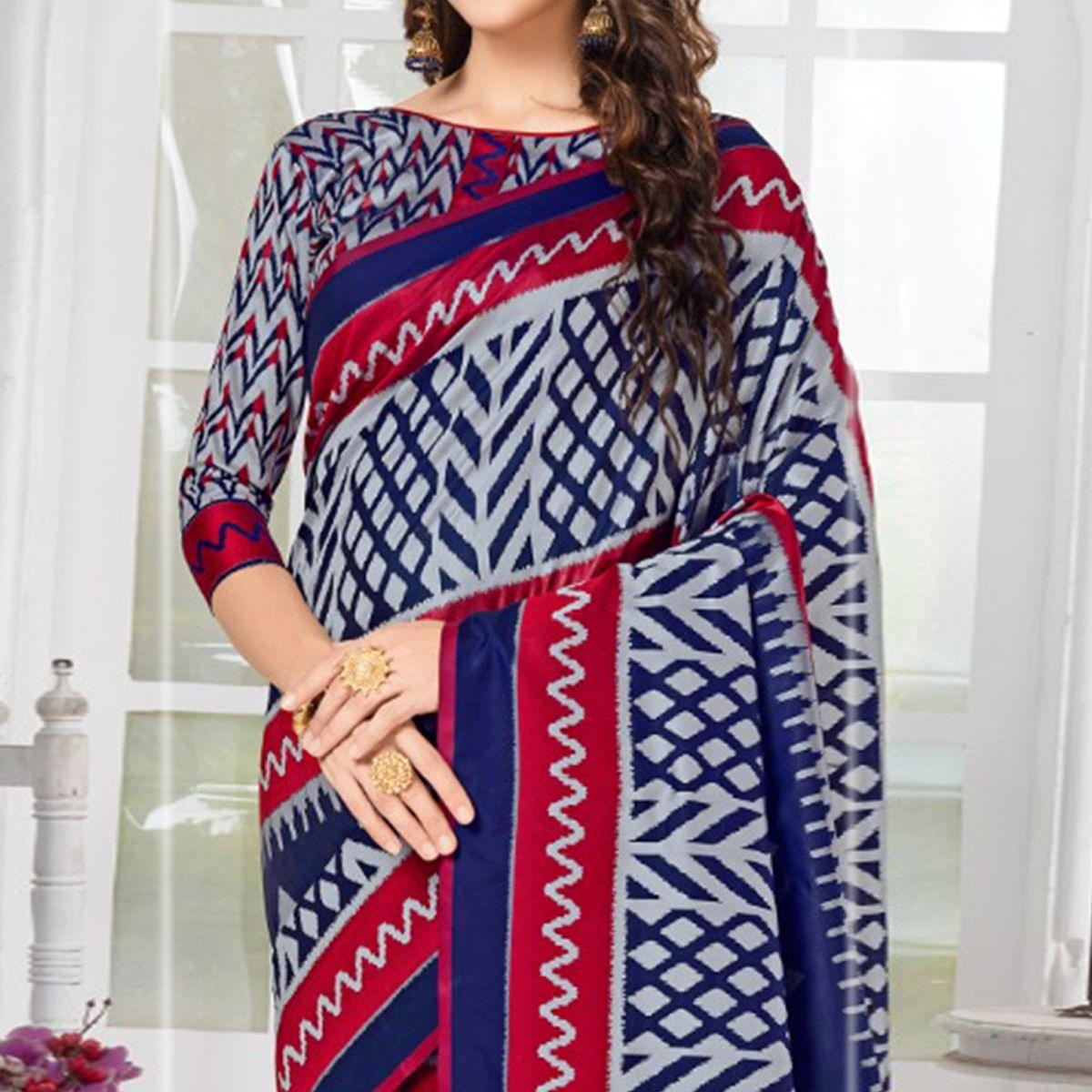 glowing-navy-blue-grey-colored-casual-chervon-printed-cotton-saree