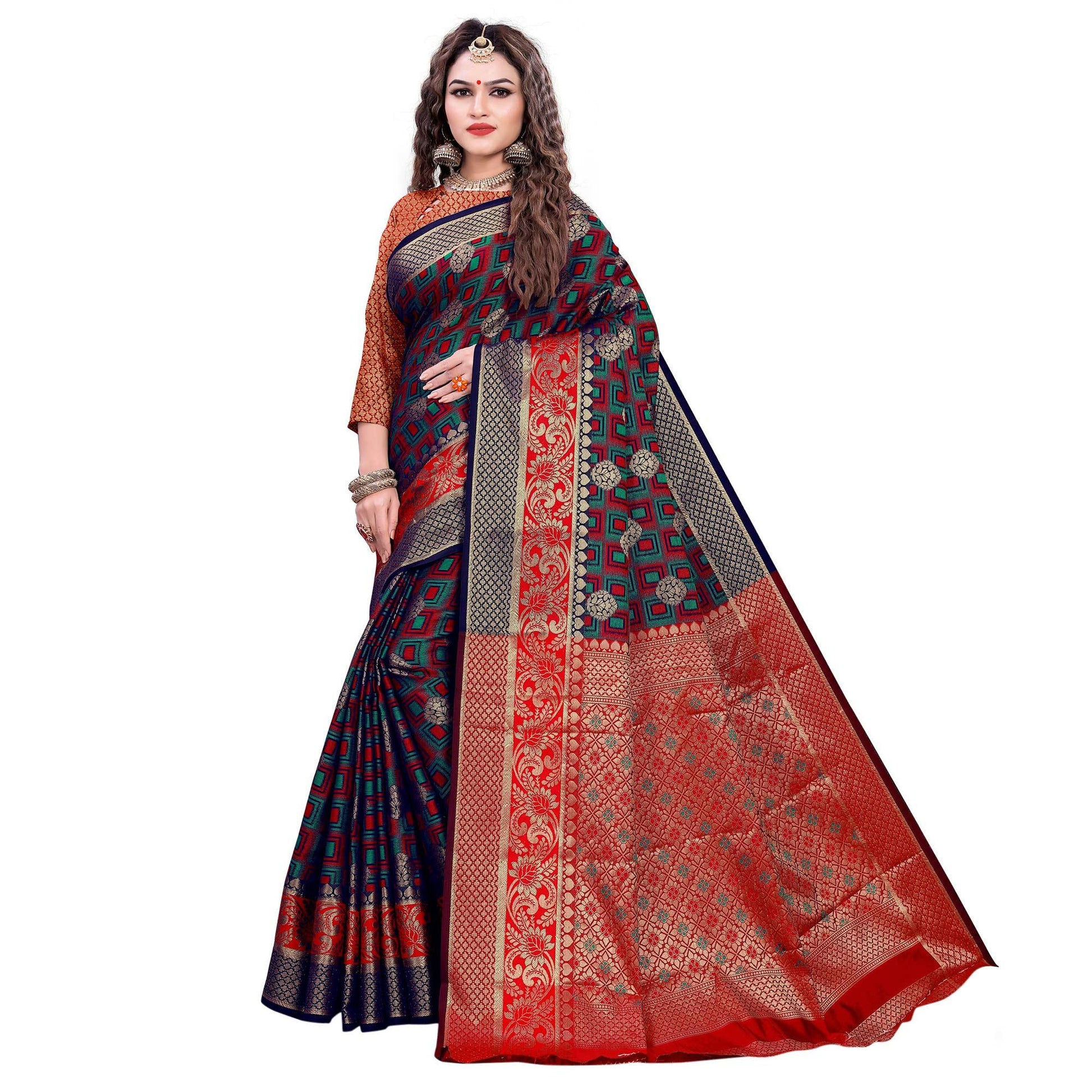 glowing-navy-blue-red-colored-festive-wear-woven-cotton-silk-jacquard-saree-45022