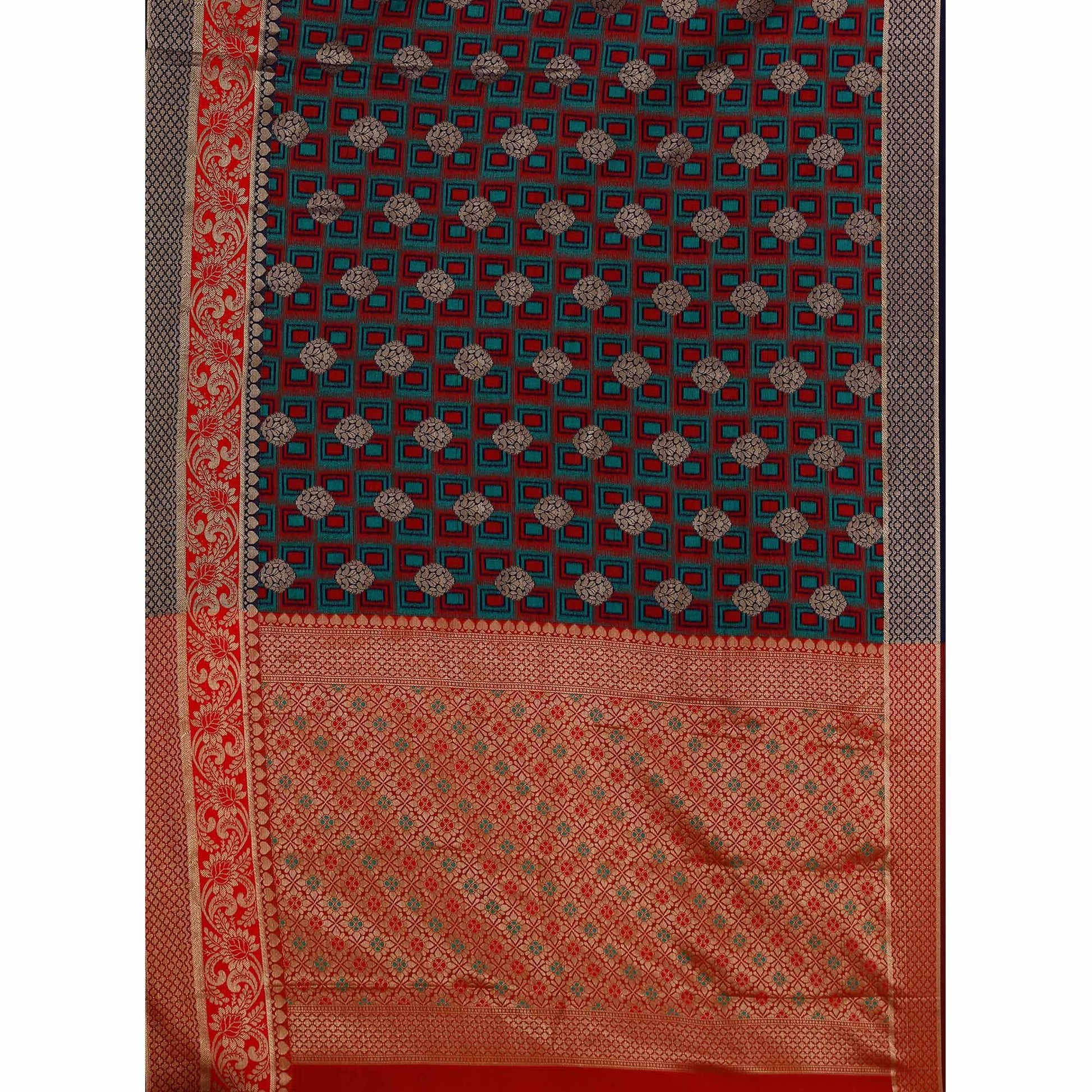 glowing-navy-blue-red-colored-festive-wear-woven-cotton-silk-jacquard-saree-45022