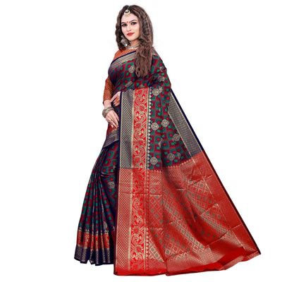 glowing-navy-blue-red-colored-festive-wear-woven-cotton-silk-jacquard-saree-45022