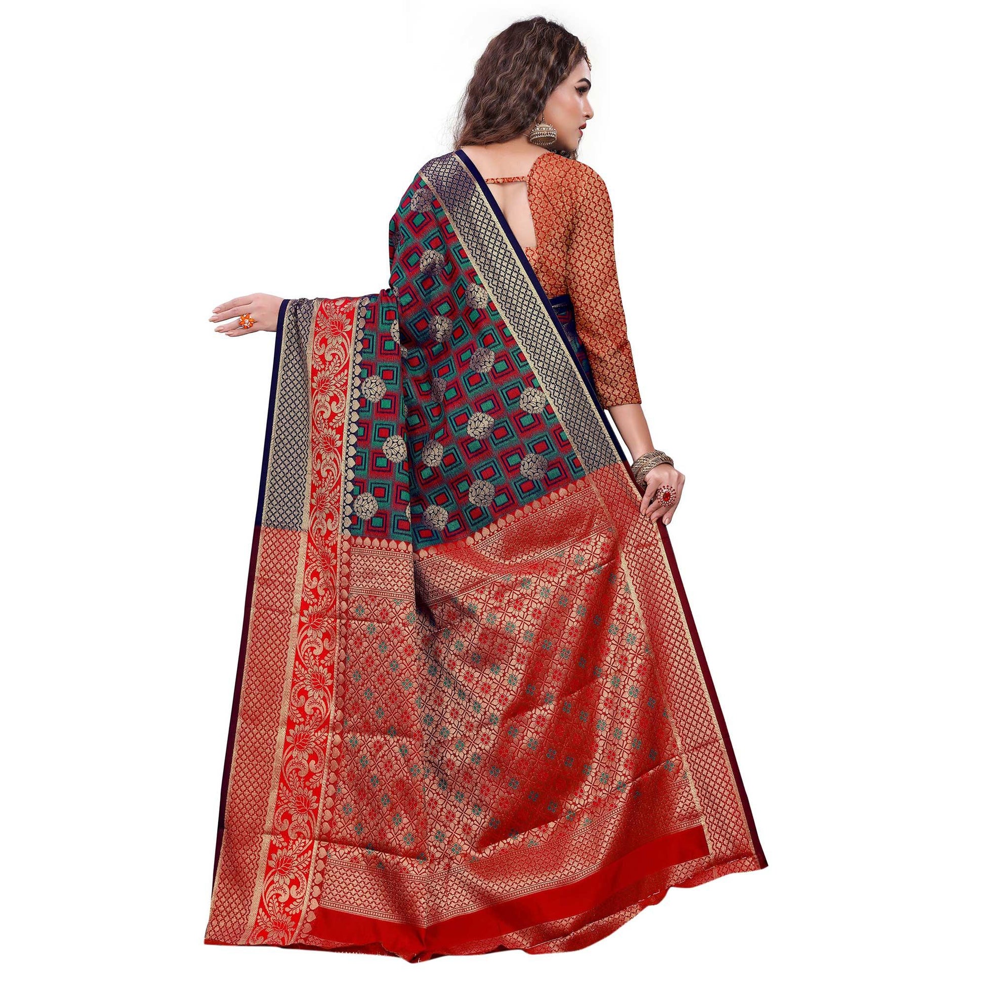 glowing-navy-blue-red-colored-festive-wear-woven-cotton-silk-jacquard-saree-45022