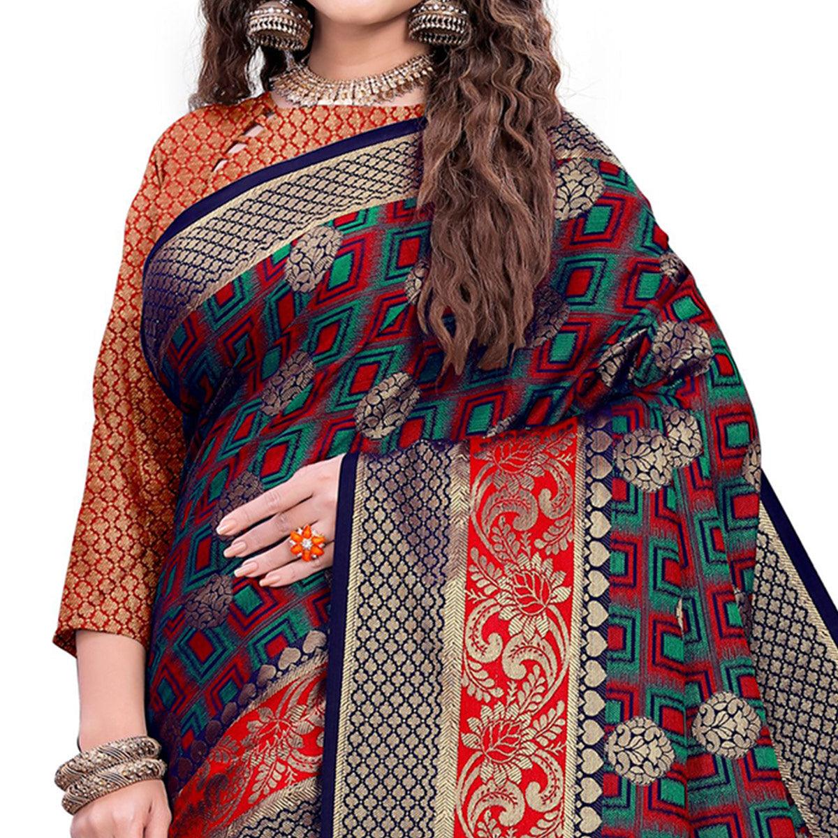 glowing-navy-blue-red-colored-festive-wear-woven-cotton-silk-jacquard-saree-45022