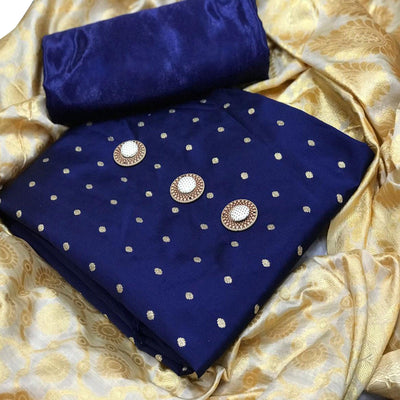 glowing-navy-blue-colored-festive-wear-woven-satin-dress-material-with-banarasi-silk-dupatta