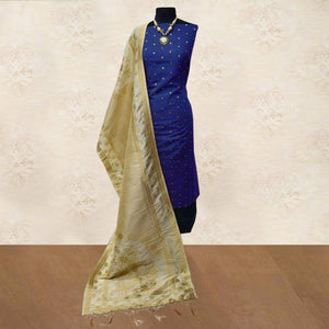 glowing-navy-blue-colored-festive-wear-woven-satin-dress-material-with-banarasi-silk-dupatta