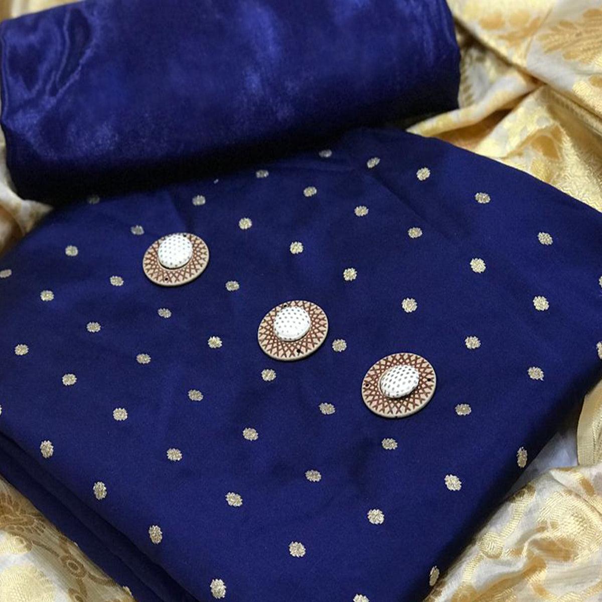 glowing-navy-blue-colored-festive-wear-woven-satin-dress-material-with-banarasi-silk-dupatta