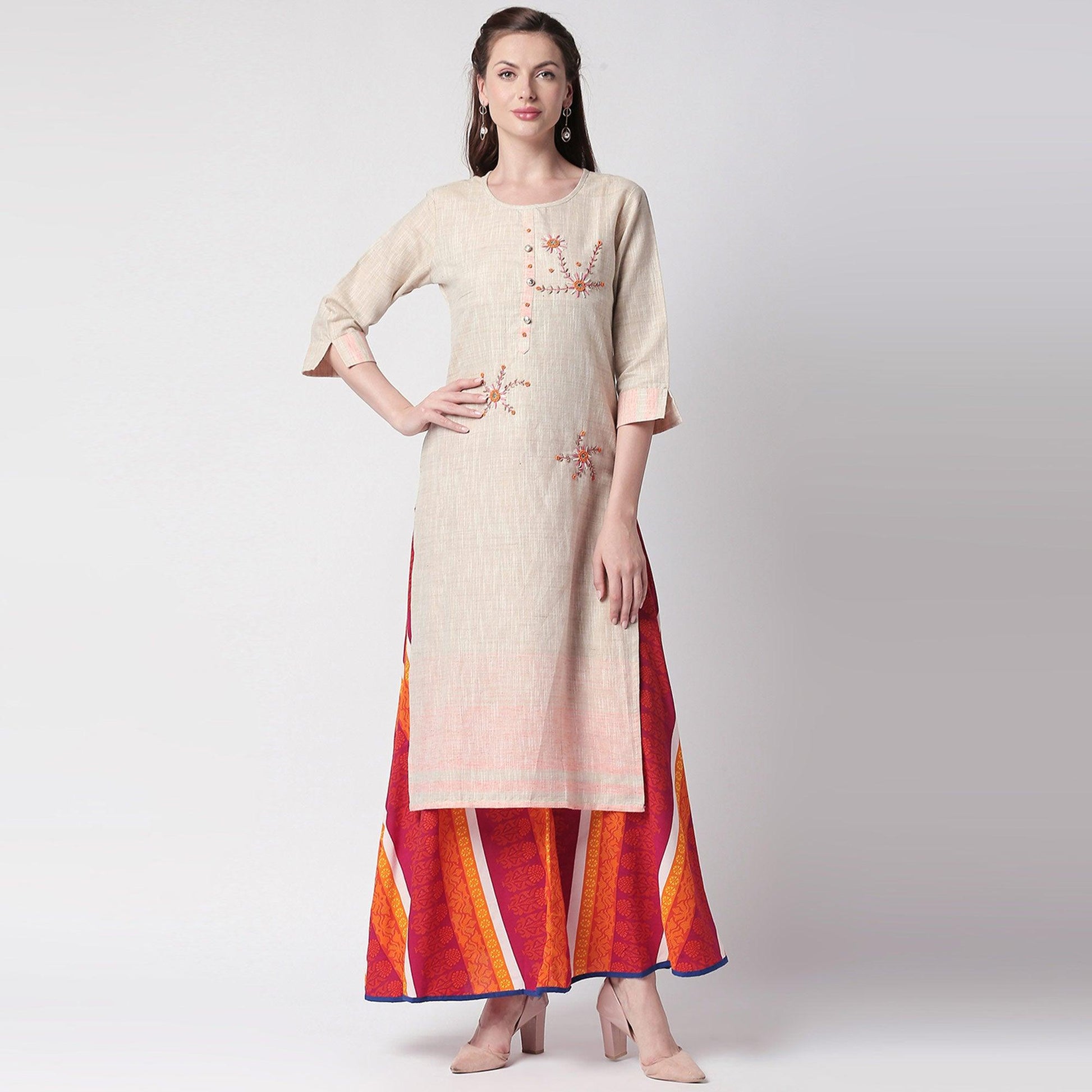 glowing-off-white-colored-partywear-embroidered-cotton-kurti-skirt-set-41537
