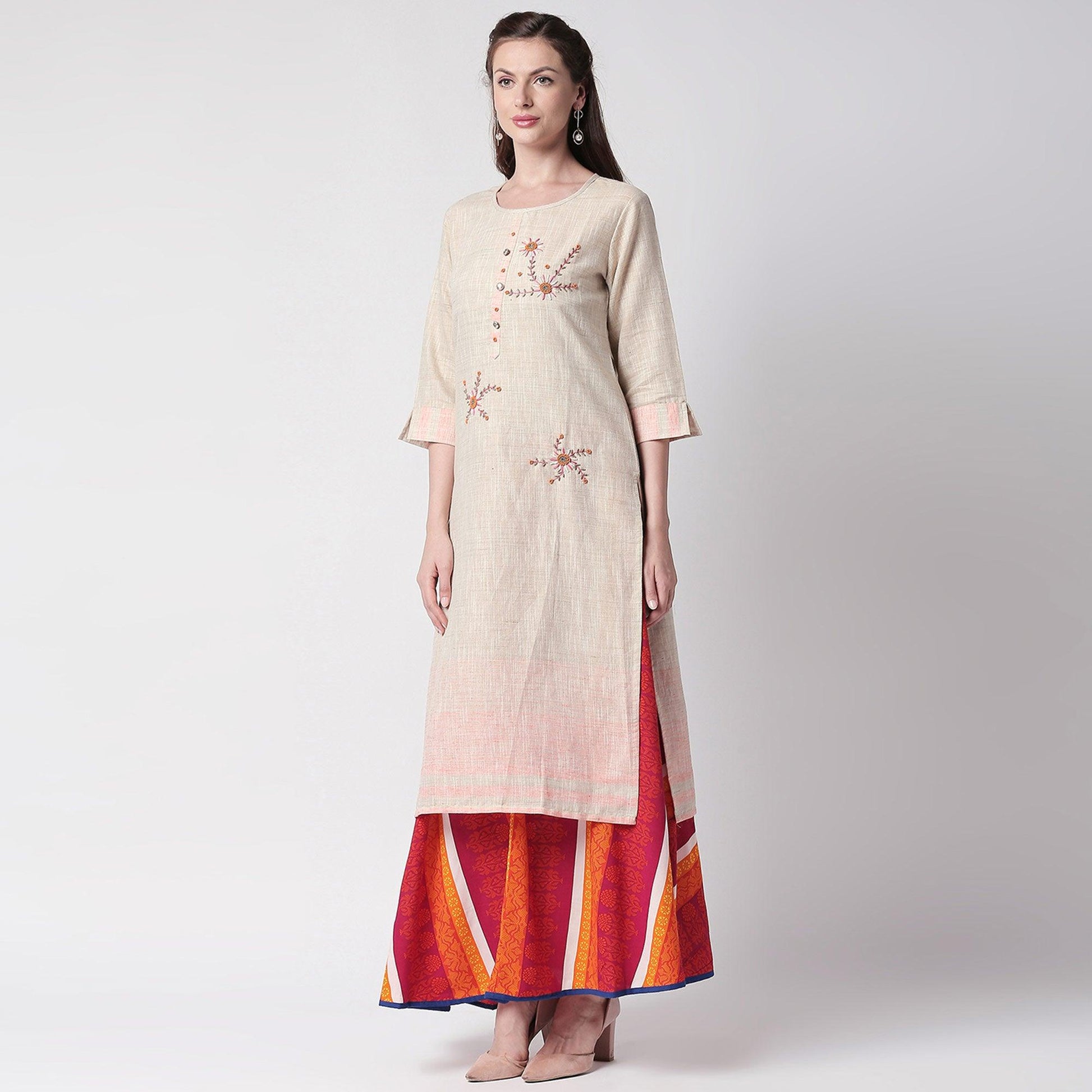 glowing-off-white-colored-partywear-embroidered-cotton-kurti-skirt-set-41537