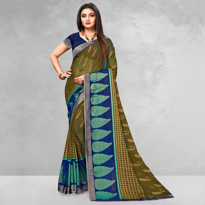 glowing-olive-green-colored-casual-wear-printed-brasso-saree-45253