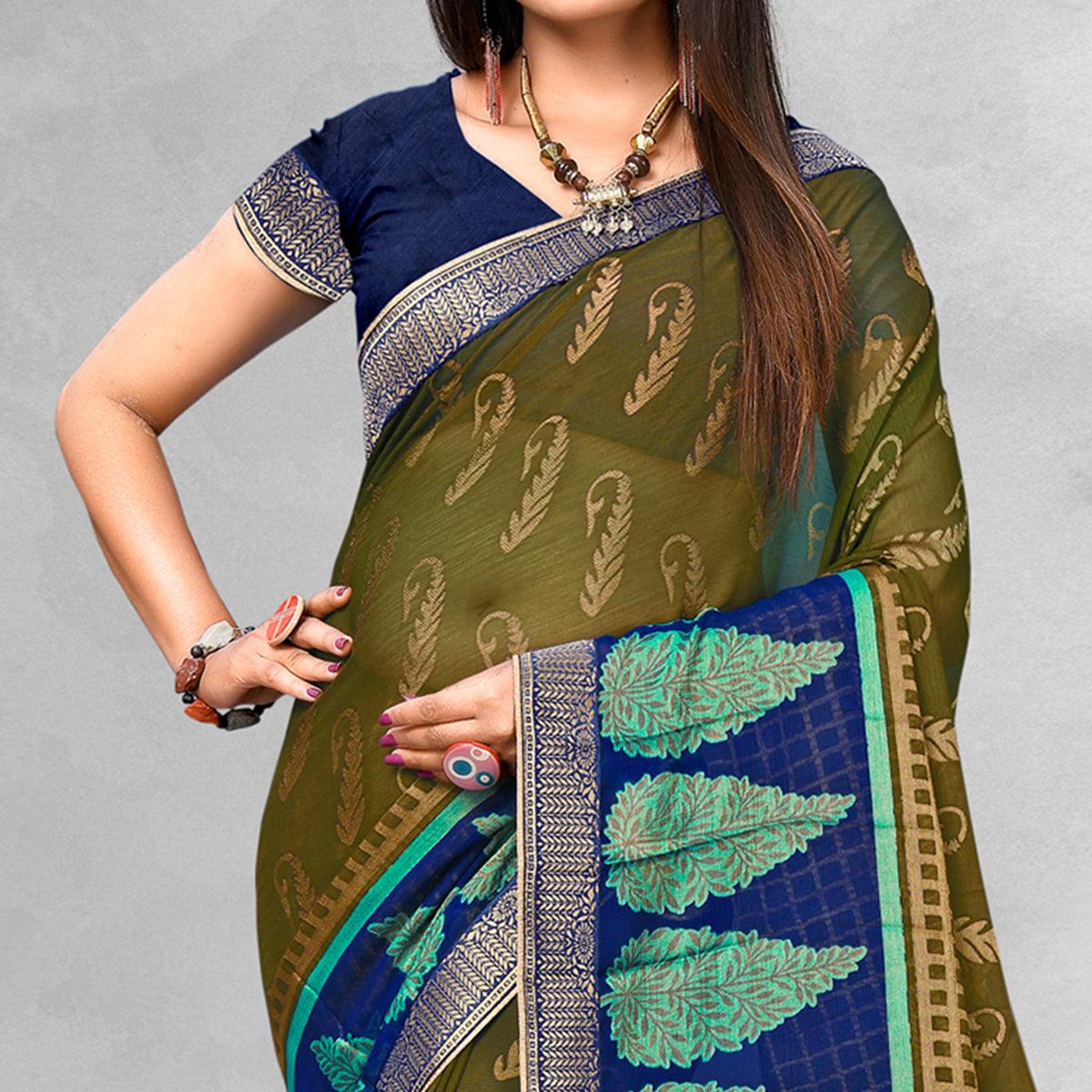 glowing-olive-green-colored-casual-wear-printed-brasso-saree-45253