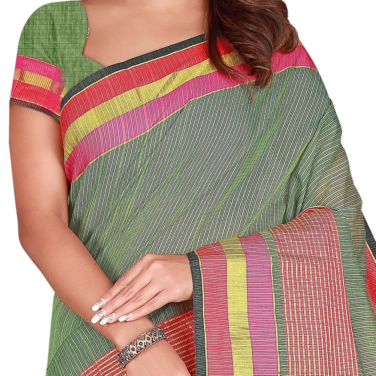 glowing-olive-green-colored-casual-wear-printed-cotton-handloom-saree-79399
