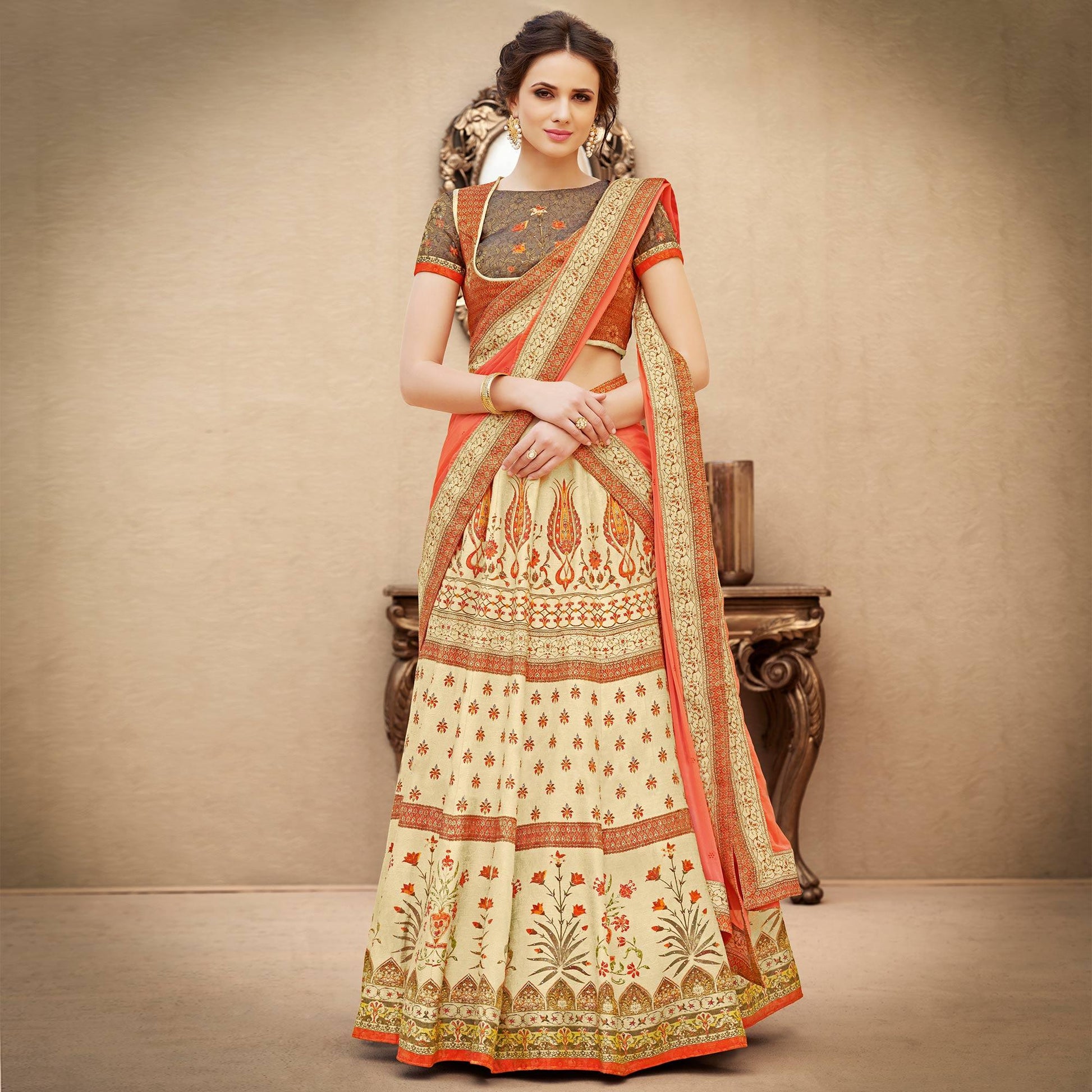 glowing-orange-beige-colored-designer-partywear-digital-printed-woven-banarasi-silk-lehenga-choli