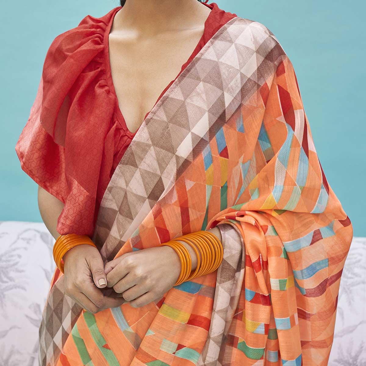 glowing-orange-colored-casual-wear-digital-printed-linen-cotton-saree-51949