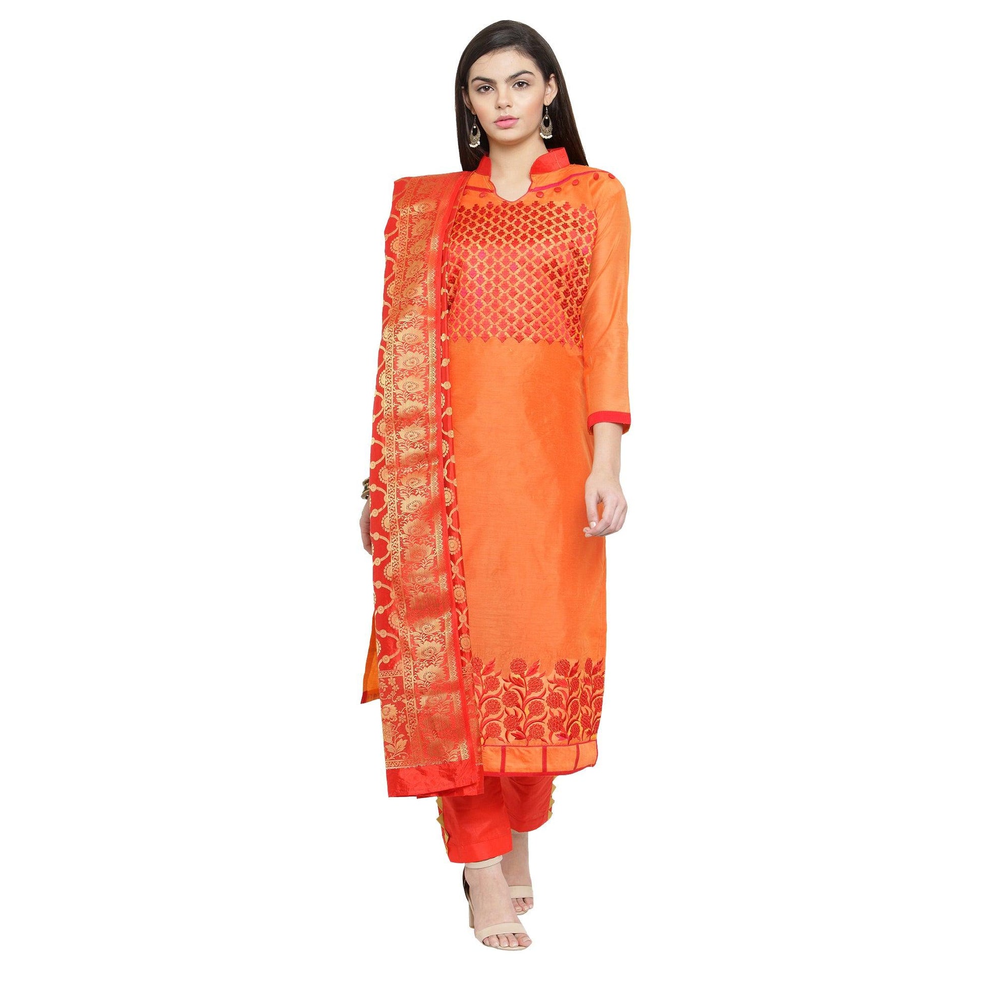 glowing-orange-colored-embroidered-chanderi-silk-dress-material-with-banarasi-silk-dupatta