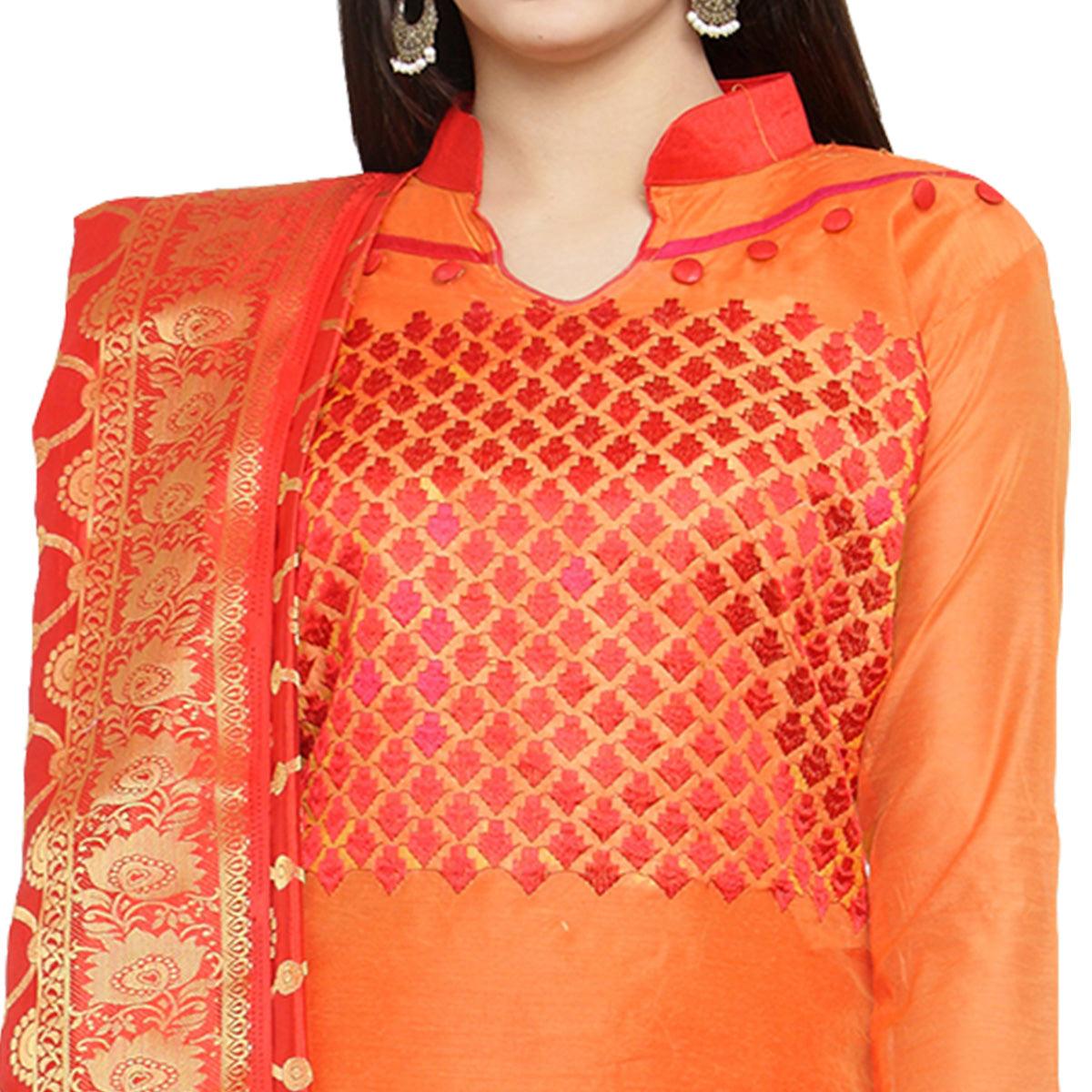 glowing-orange-colored-embroidered-chanderi-silk-dress-material-with-banarasi-silk-dupatta