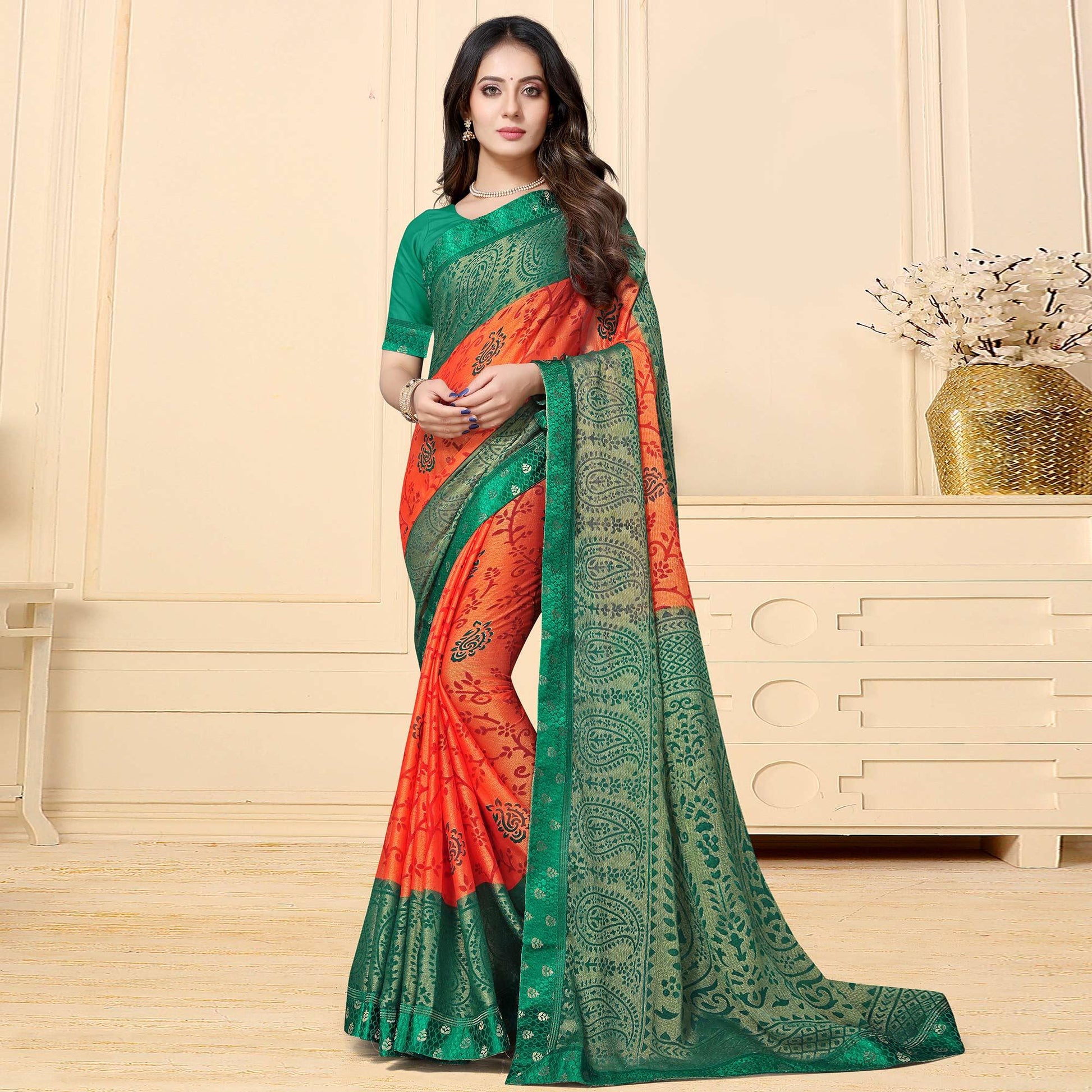 glowing-orange-colored-partywear-printed-chiffon-saree-99946