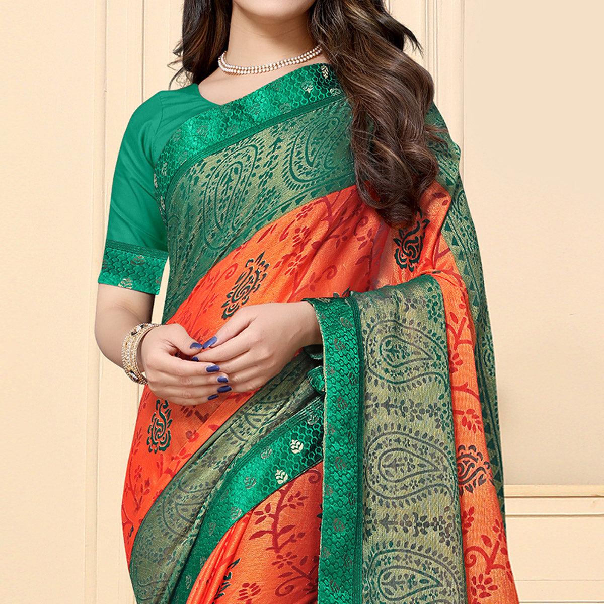 glowing-orange-colored-partywear-printed-chiffon-saree-99946