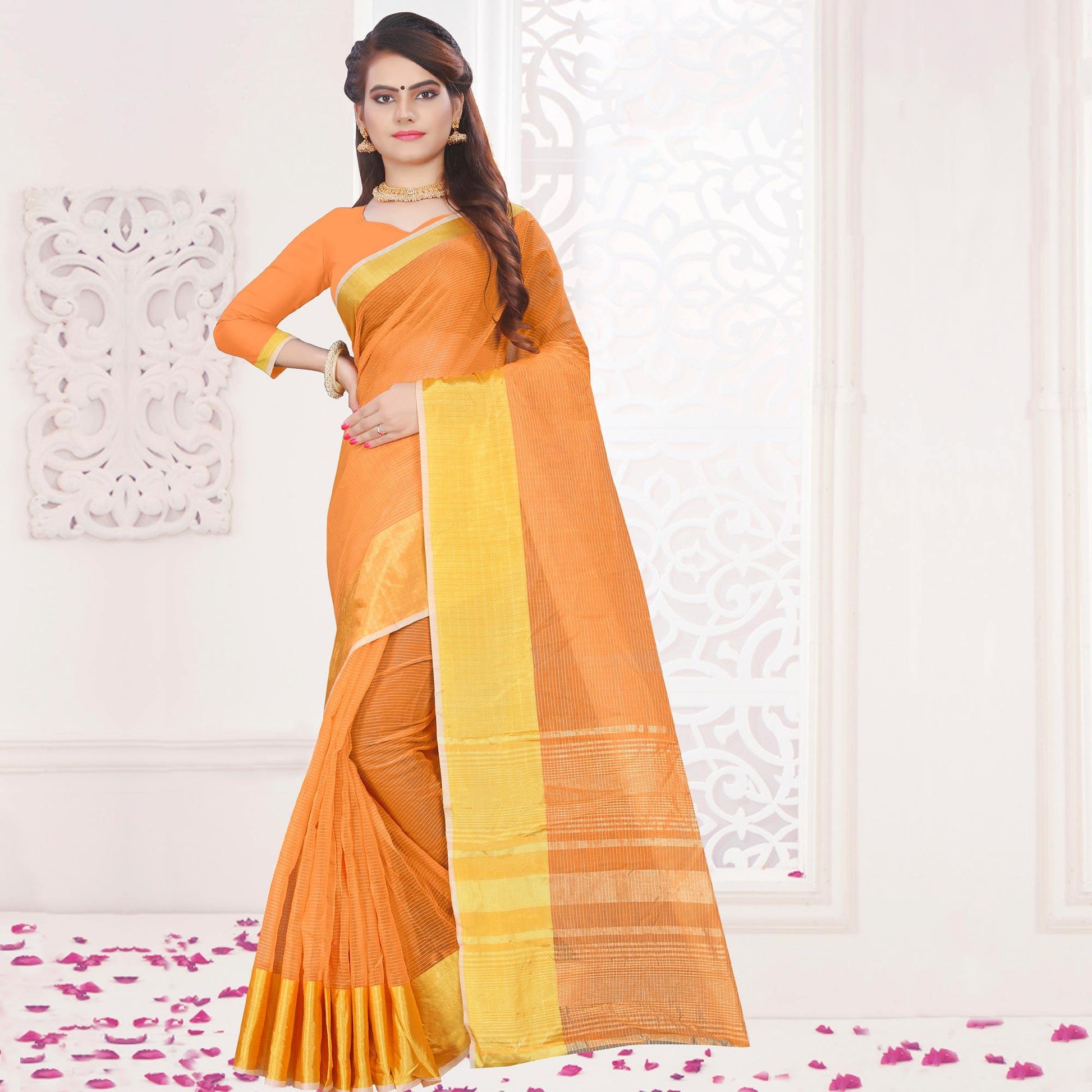 glowing-orange-colored-festive-wear-woven-cotton-saree