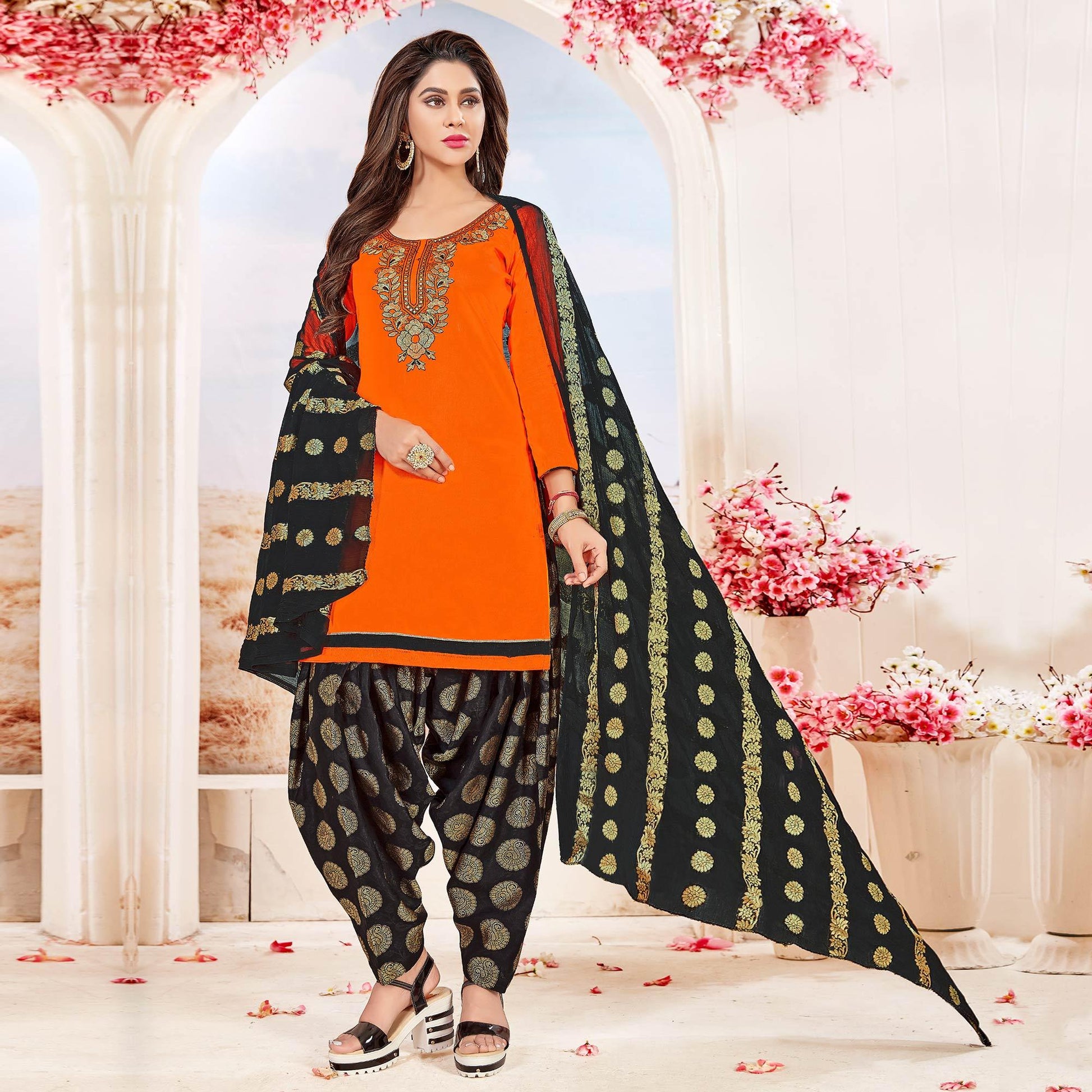 glowing-orange-colored-partywear-embroidered-cotton-dress-material-21892