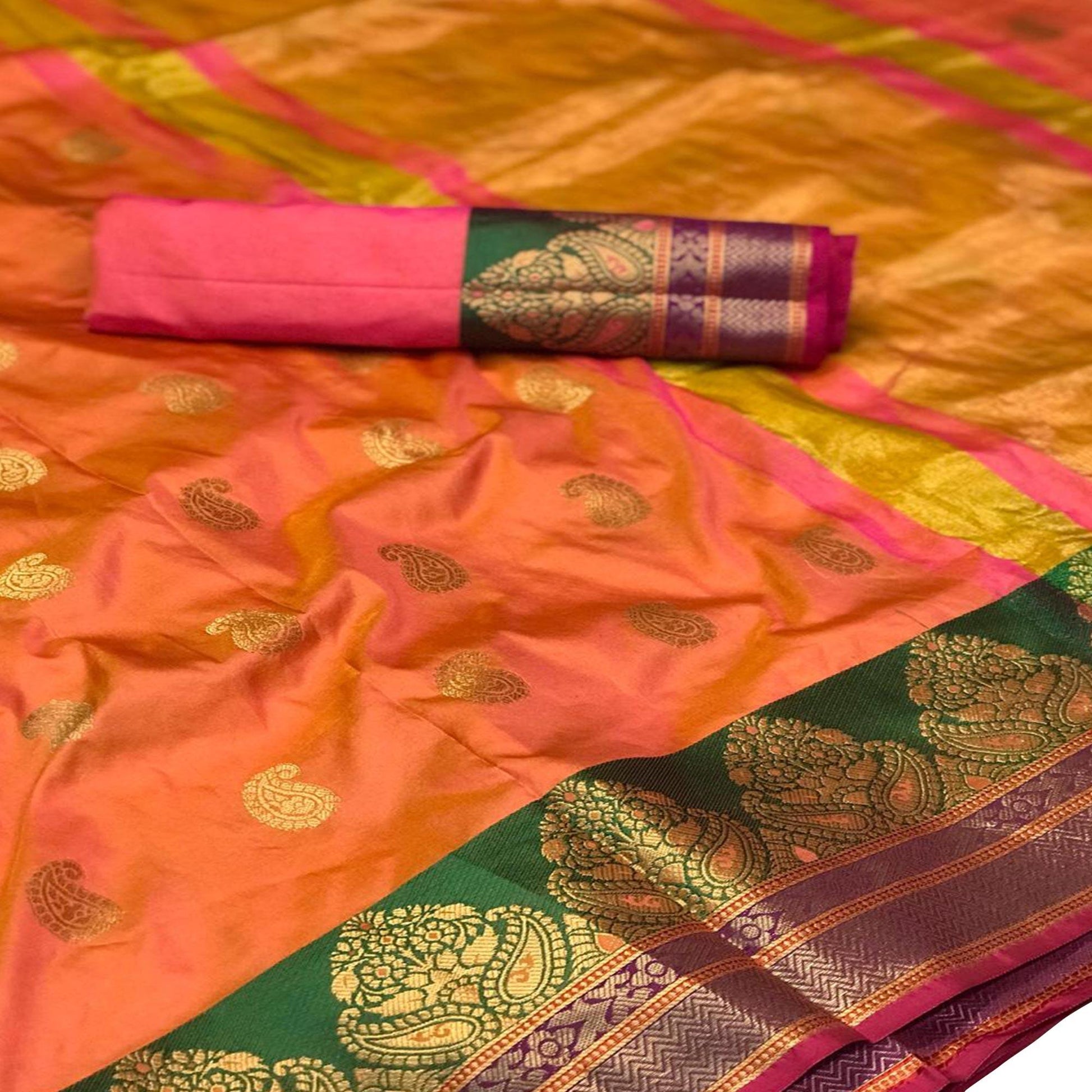 glowing-orange-pink-colored-festive-wear-woven-silk-saree-53314