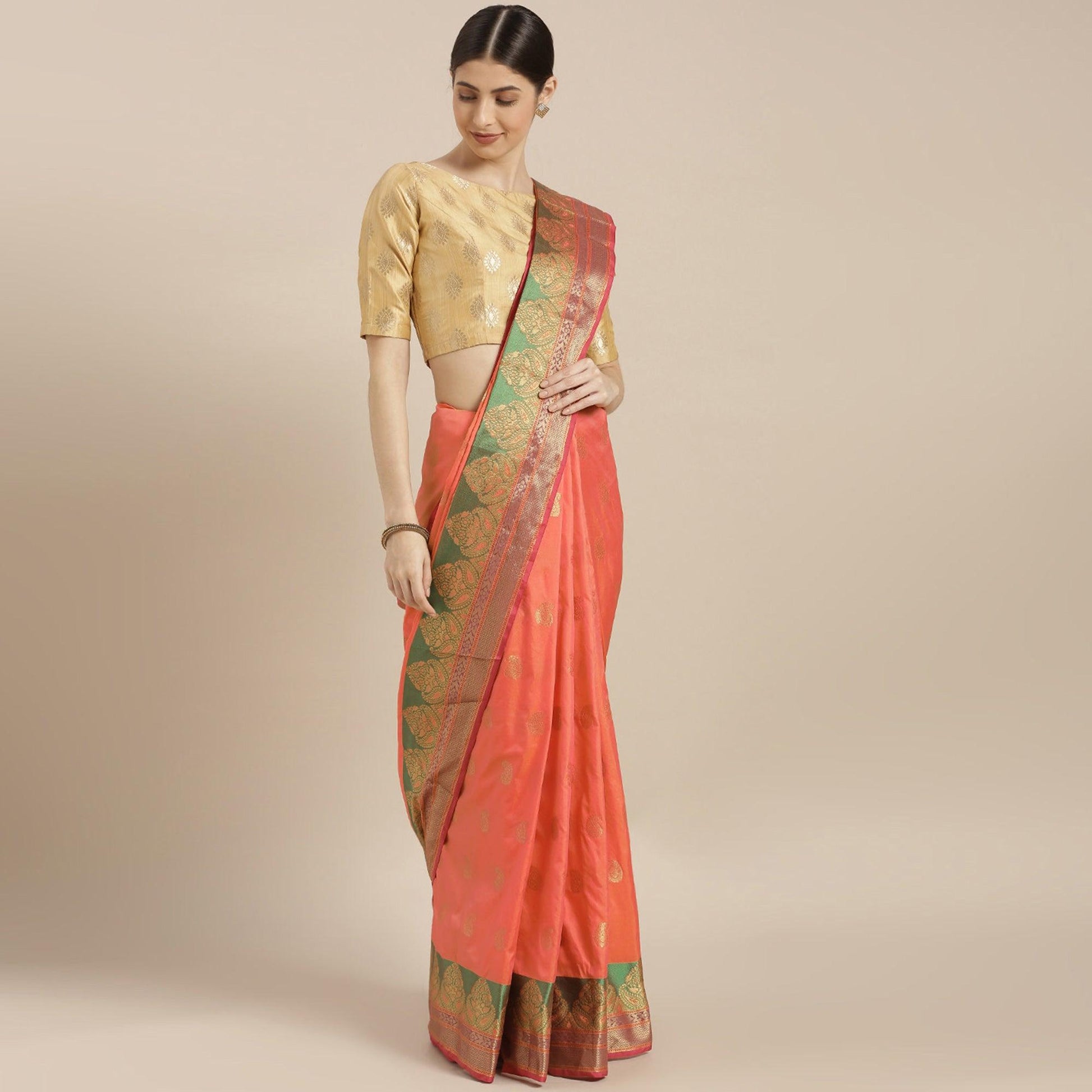 glowing-orange-pink-colored-festive-wear-woven-silk-saree-53314