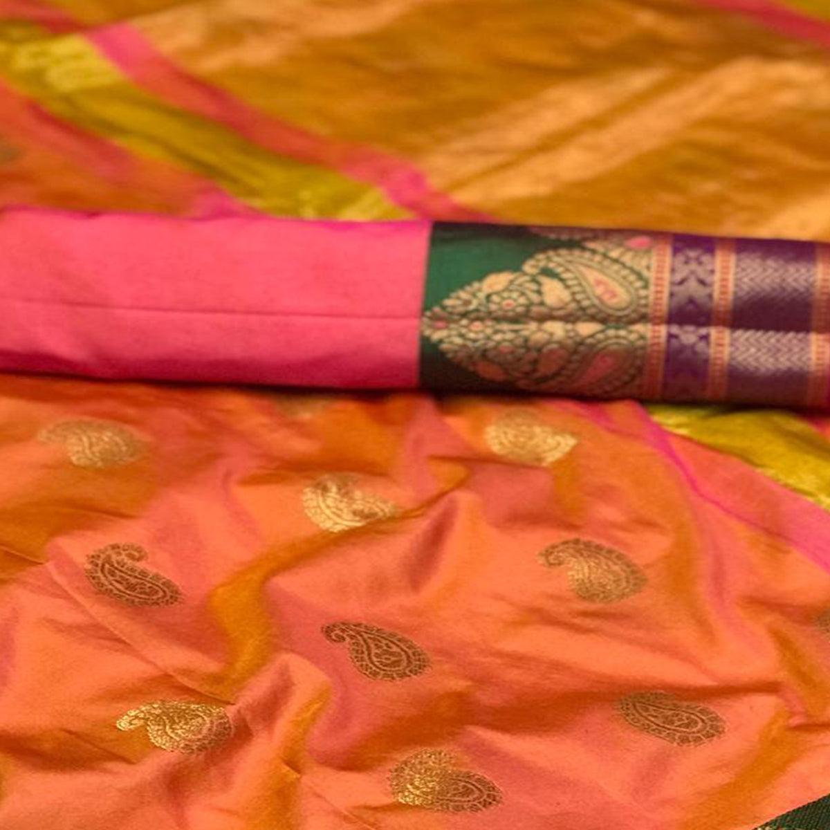 glowing-orange-pink-colored-festive-wear-woven-silk-saree-53314
