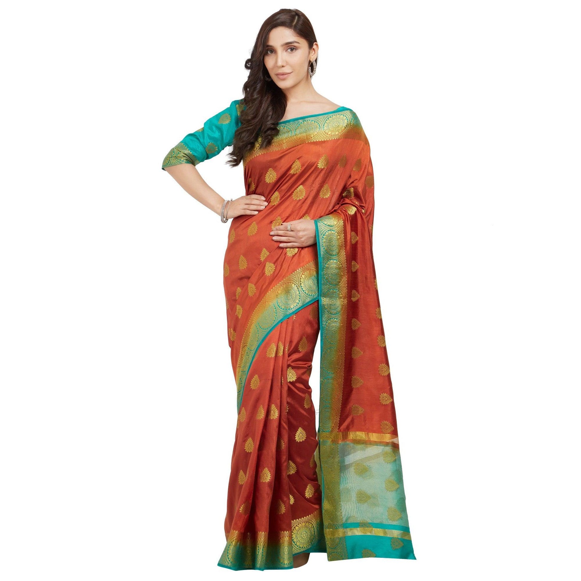 glowing-orange-rama-blue-colored-festive-wear-woven-cotton-silk-saree