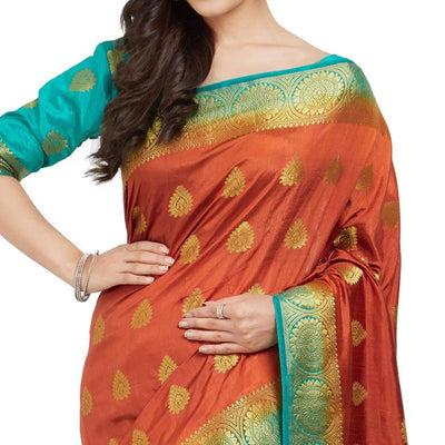 glowing-orange-rama-blue-colored-festive-wear-woven-cotton-silk-saree