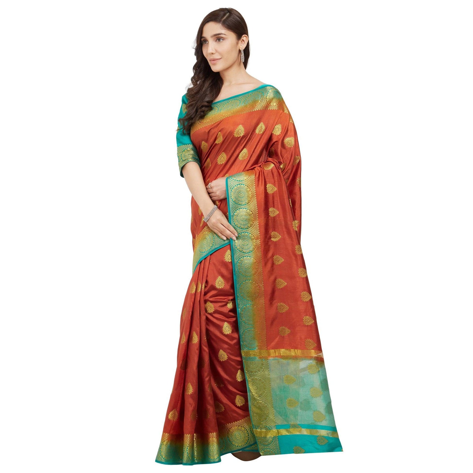 glowing-orange-rama-blue-colored-festive-wear-woven-cotton-silk-saree