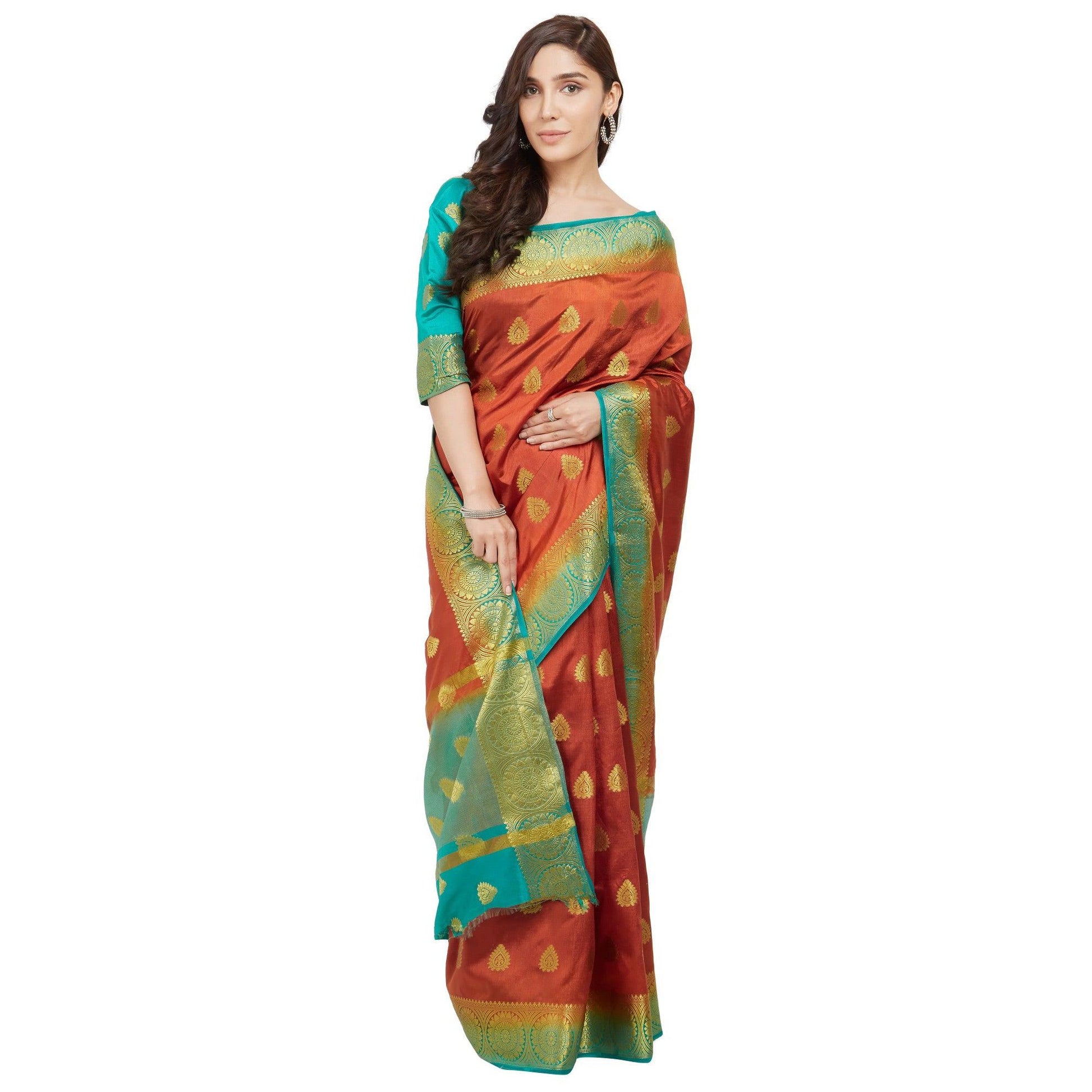 glowing-orange-rama-blue-colored-festive-wear-woven-cotton-silk-saree
