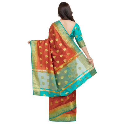 glowing-orange-rama-blue-colored-festive-wear-woven-cotton-silk-saree